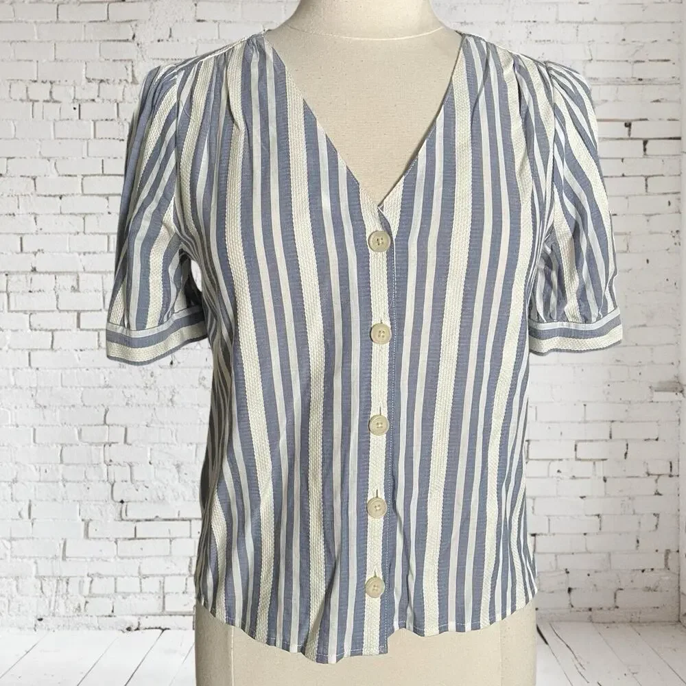 Madewell Plaza Blouse Size S Blue Stripe Button Up Shirt Puffed Sleeve‎ Preppy